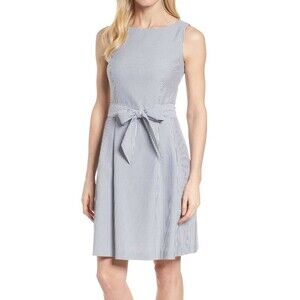 Anne Klein Women’s Dress Size 4 Gray White Striped Seersucker Fit Flare Pockets